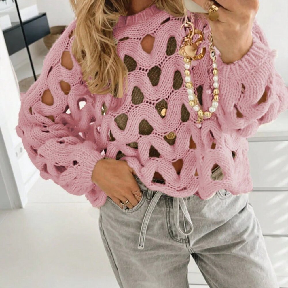Pink Casual Women's Skeleton Weave Long Sleeve Cowl Sweater Pullover - Picture 11 of 11